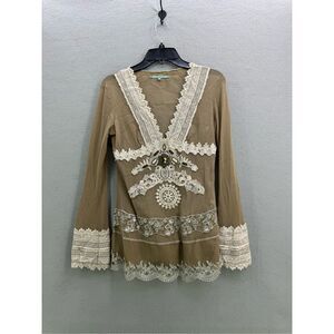 Passion Concept Womens Tan White Lace Beaded Sheer Y2K Tunic Top Size Medium